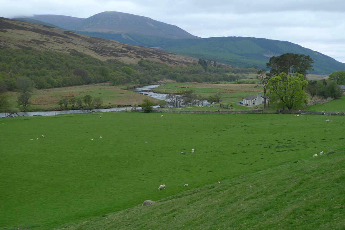 A valley with the River Helmsdale, mountains and sheep farms