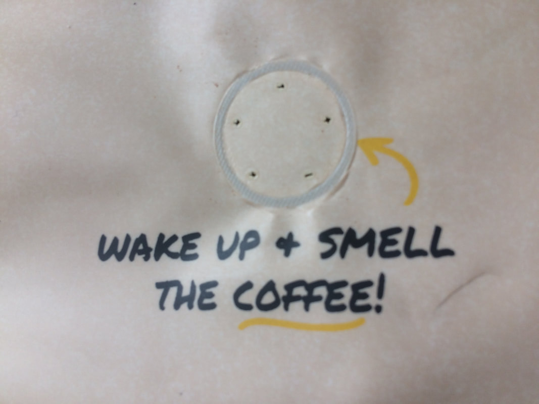 The air vent on the back of Rave Coffee's packaging