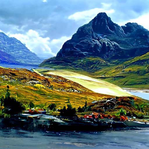 AI image of North West Highlands featuring rocky coastlines and soaring mountains.