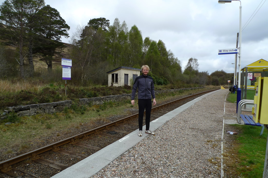 Kildonan station platform. The author of the blog is standing on it with the track behind him