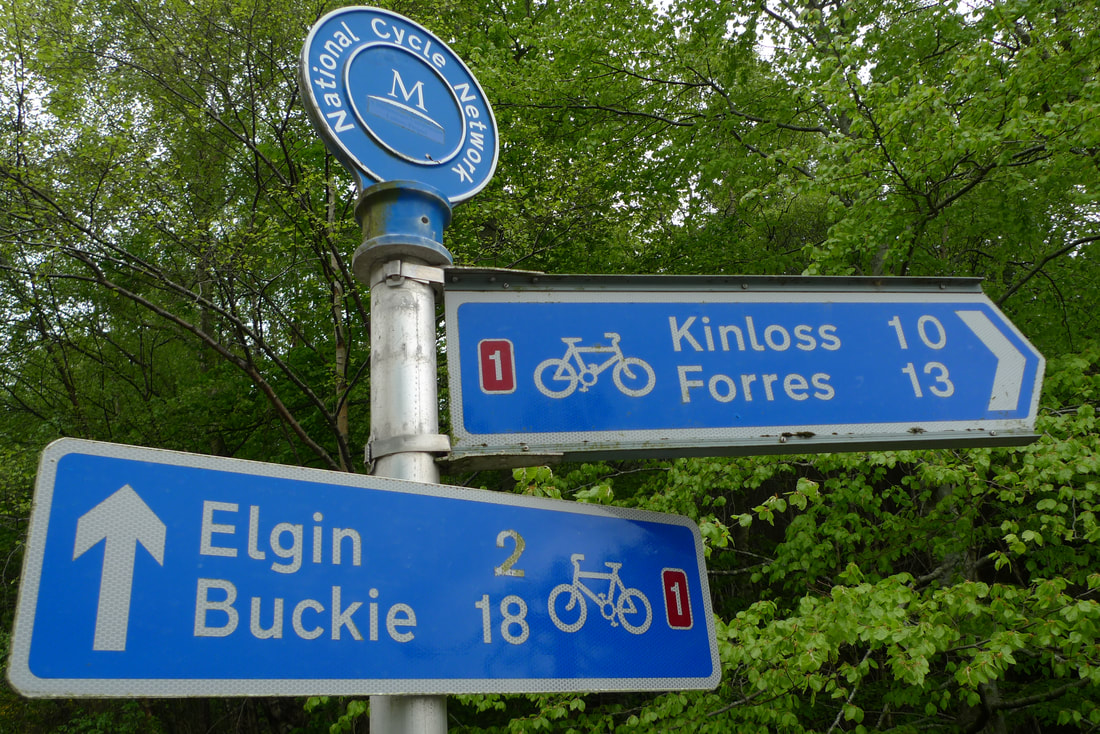 National Cycle Route one signage to Elgin and Forres