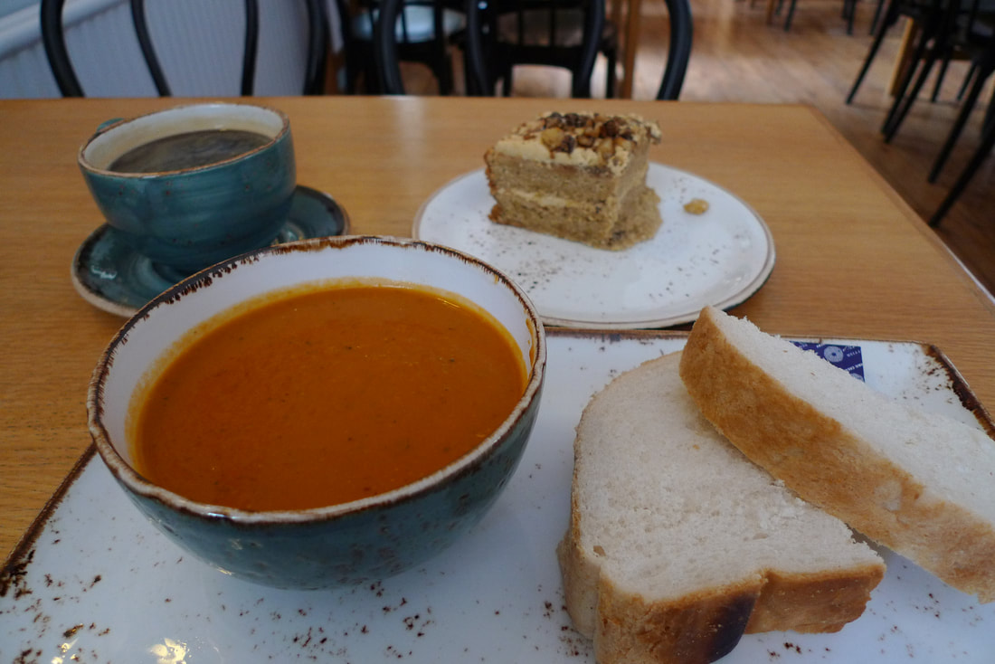 Lunch in the tea room of Cawdor Castle, red pepper soup and coffee and walnut cake