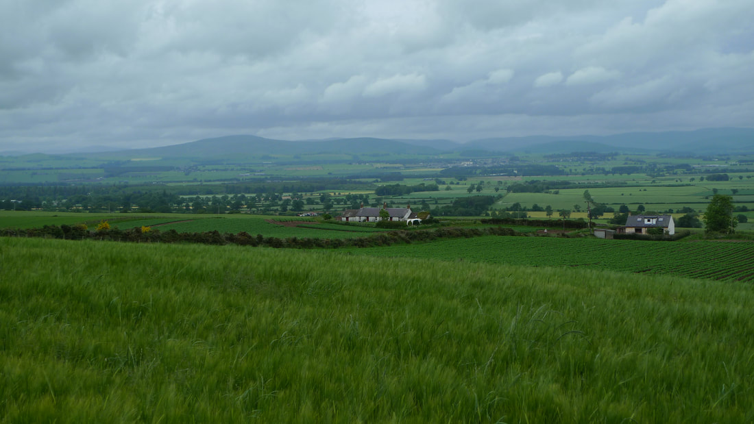 Pegunungan Cairngorm di cakrawala, dengan lahan pertanian Angus di latar depan