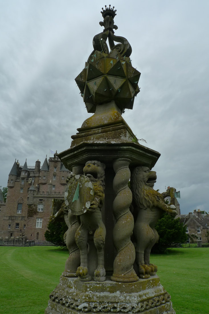 The Great Sundial at Glamis Castle. It has lion statues