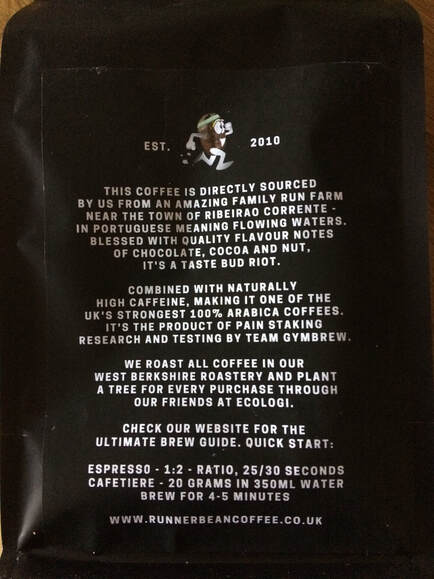 Words on rear of Gymbrew bag of coffee