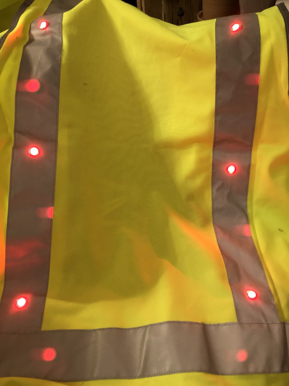 The rear of the Vizirider vest, showing the 6 red LED lights