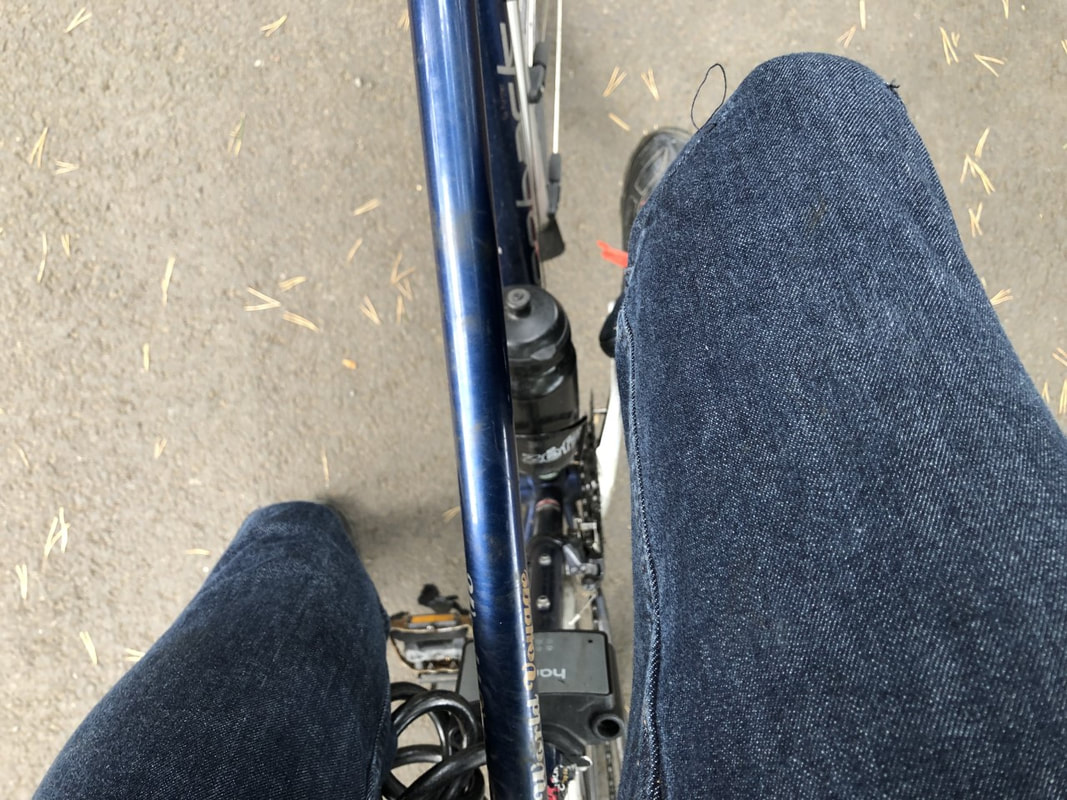 Wearing Vulpine's Omnia jeans on a bike ride. There is a person's legs wearing jeans and the person is sitting on a bike